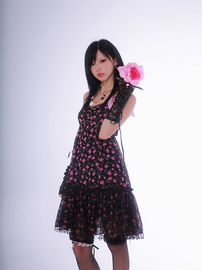 Gyaru – Schwarzes Neckholder-Kleid mit Blumenmuster