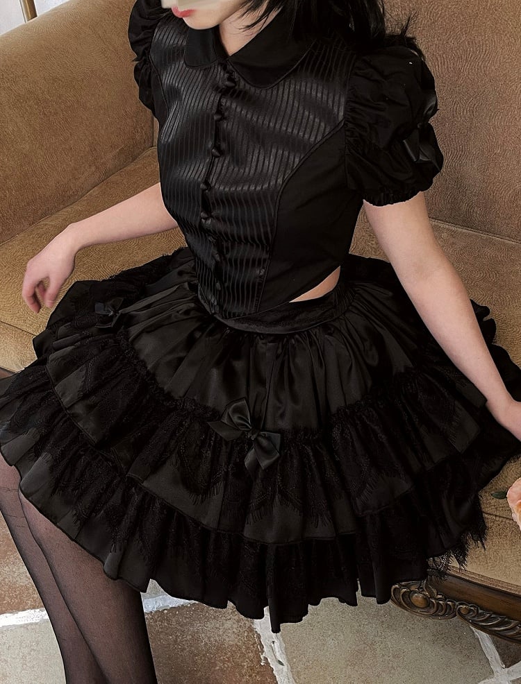 Skirt Embellishments with Layered Lace Black Bow Lolita Gothic
