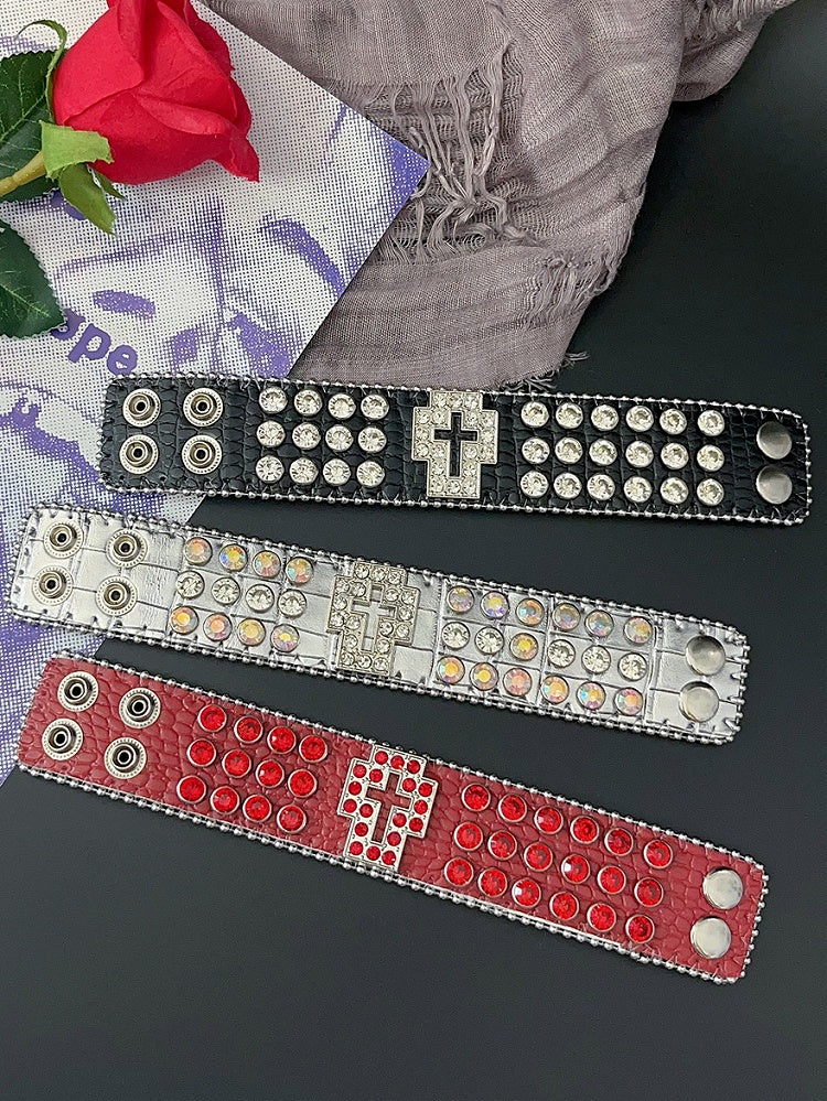 Red/Black/Silver Wristband Y2K Rhinestone Bracelet Decorated Cross Design