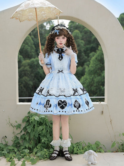 Alice in Wonderland Theme Lolita OP Dress Set with Apron & Rabbit Ear Collar Accessory - Circular chronology Lolita