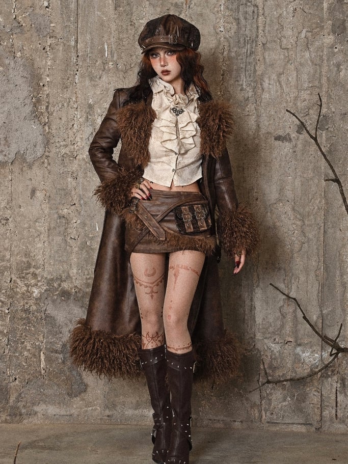 Brown Vintage Mailard Winter Padded Coat Leather Fabric