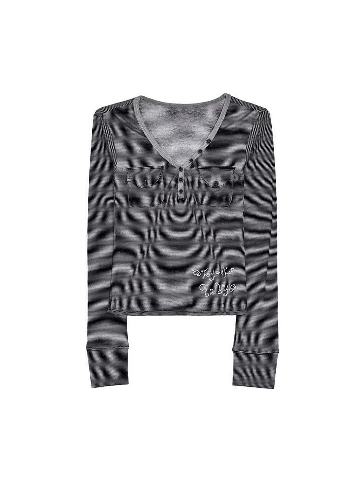Top Daily Pocket Accents Grey Kawaii Dark Long Sleeve with V-neckline Striped