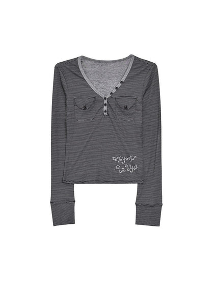 Top Daily Pocket Accents Grey Kawaii Dark Long Sleeve with V-neckline Striped
