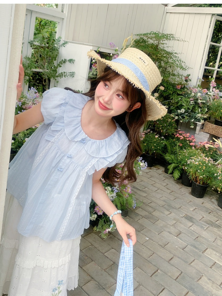 スイートライトブラウス ブルー ピーターパンカラー パフスリーブ