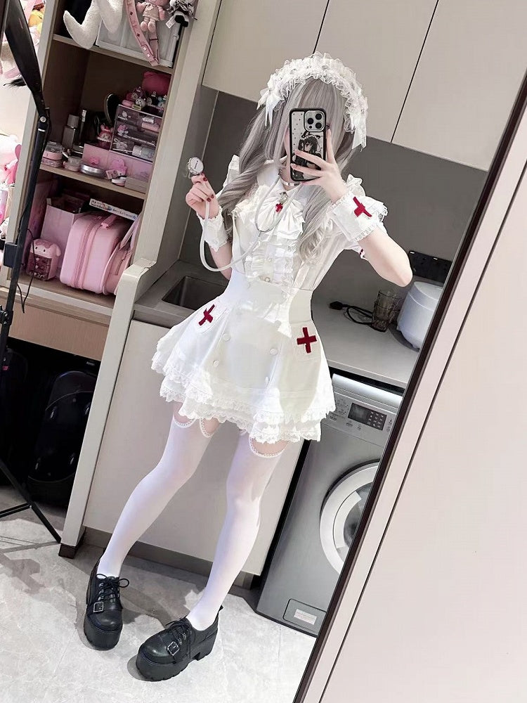 White Lace Blouse & Skirt Set with Straps & Bow - Shi Zhai Xin