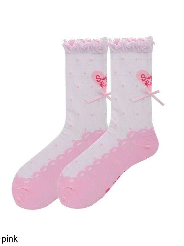 Polka Dot Heart Ankle Socks with Ruffle Lace Trim, 8 Colors - ROJI ROJI