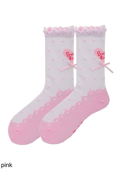 Polka Dot Heart Ankle Socks with Ruffle Lace Trim, 8 Colors - ROJI ROJI