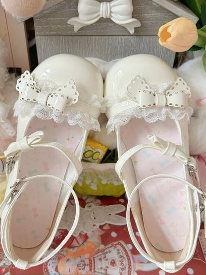White Kawaii Butterfly Bow Round Toe Mary Jane Mid-Heel - MUMA Lolita