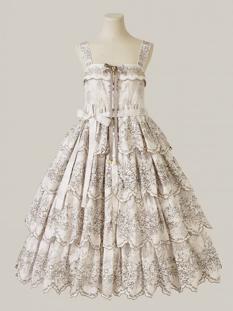 White Classic Scallop Trim Skirt Lolita Print Embroidered Layered Floral Jumper with