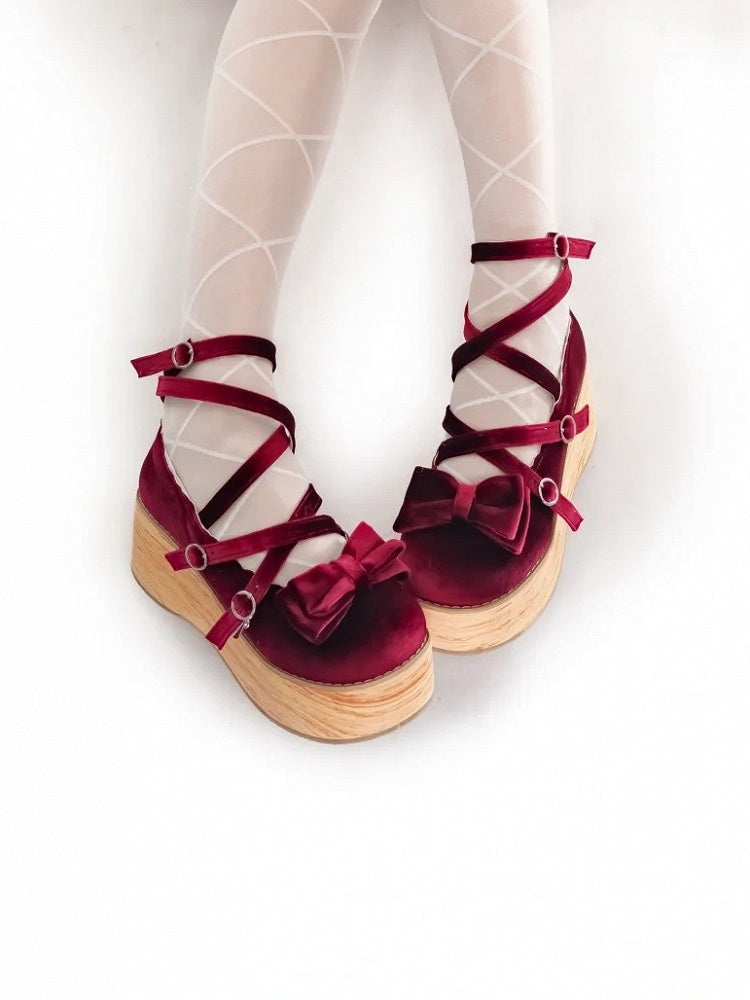 Riemen Mary Crisscross - Plattform Samt Akzente Lolita Schleife Wein Sweet Red Janes