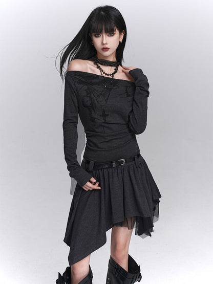 Off-Shoulder Dark Gray Dress Strap Graffiti Hem with Neck Gothic Handkerchief