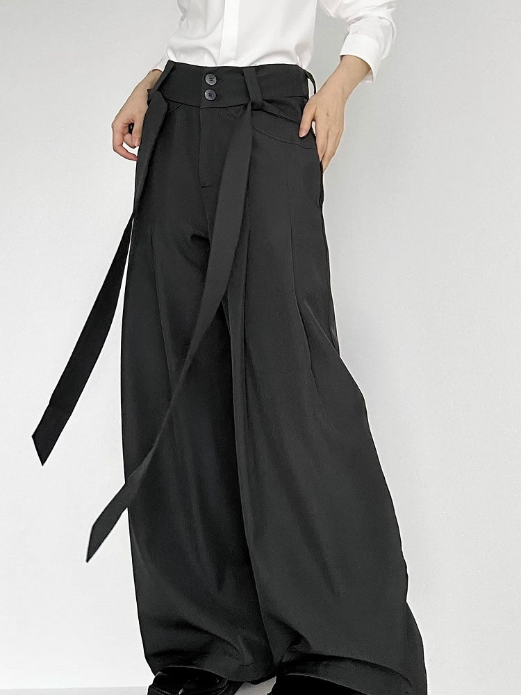 Fly Ouji Pants with Ribbons Two-Button Wide-Leg Lolita Side Green Dark