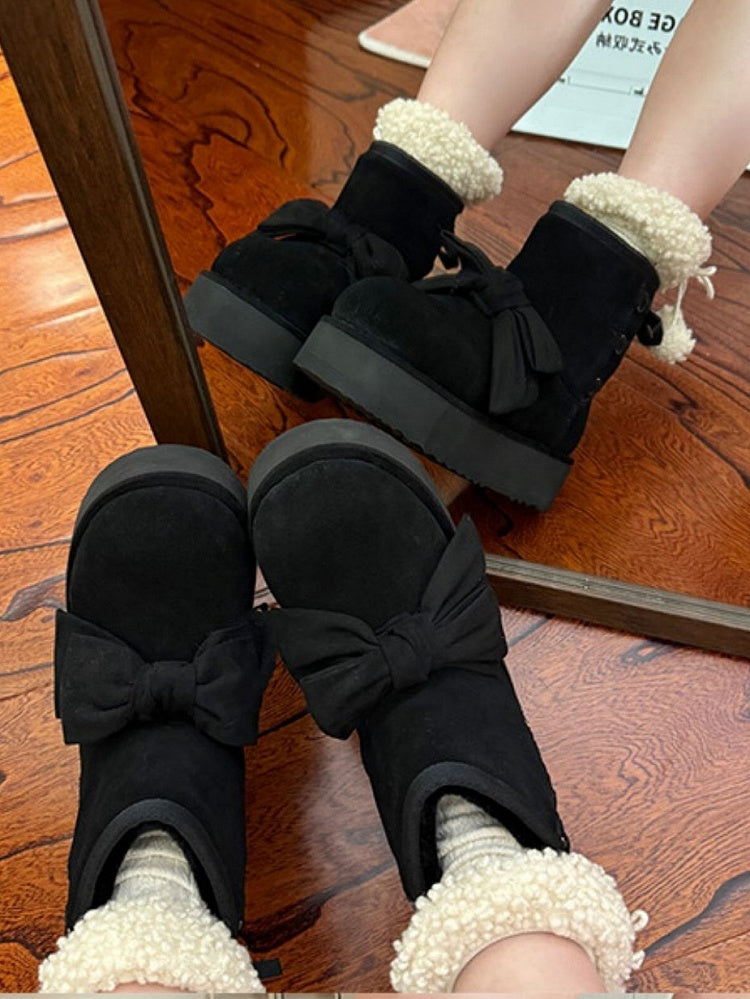 2.5cm Platform Sole Black Winter Boots for Lolita - Decorative Front Bow & Adjustable Back Lacing