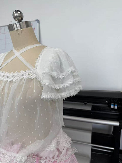 White Sheer Dot Tulle Blouse with Flutter Sleeves - Rainbow Cat