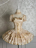 Ärmel Korsett Lolita Kitty Kurzes Kleid Print und Bunny Puff Champagner