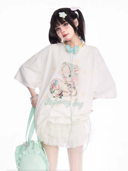 Tシャツ ホワイト ラウンドネック キュート 鹿柄 ルーズ