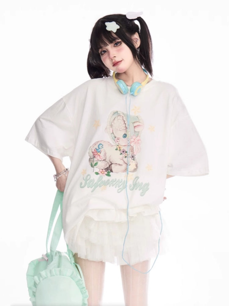 T-Shirt Loose White Round Neck Cute Deer Print