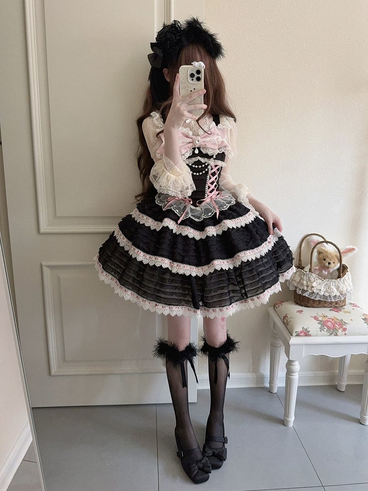 Details Chain Bow Lace-up JSK Lolita Bead with Accent Dress Blafck