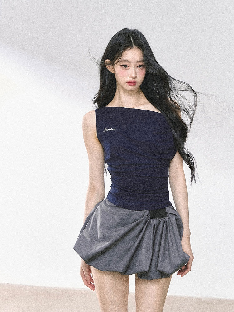 Neckline Blue White/Gray/Navy Asymmetrical T-shirt