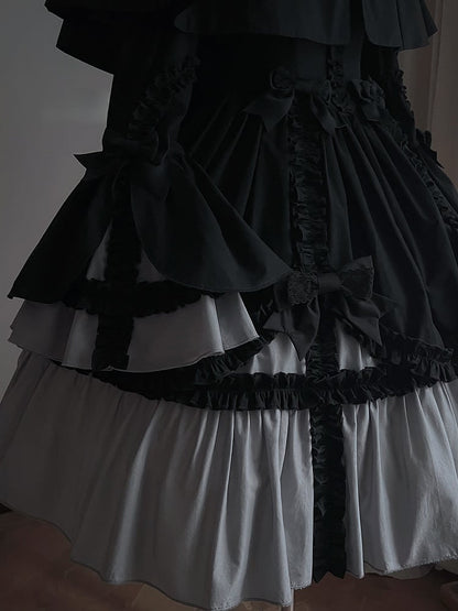 Lolita Gray Sleeves with Bell Black Dress Ruffled Gothic