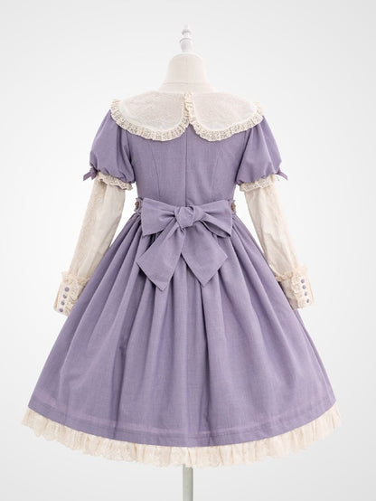 Sweet Lolita Lace Neckline Teddy Purple Sleeves Bear Embroidered Puff Trim Dresswith