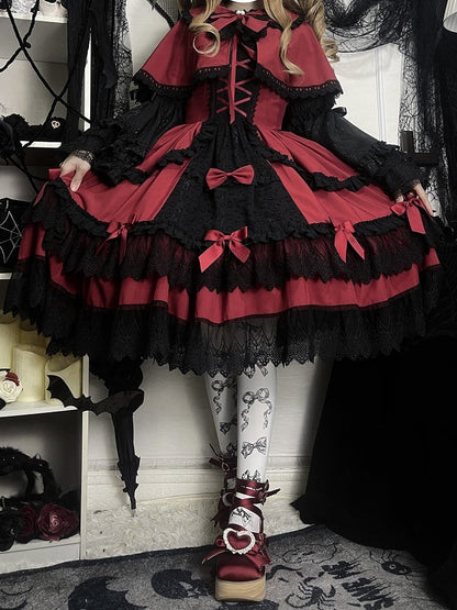 Rot-schwarzes Old School Lolita Fashion Kleid Bowknot JSK Set