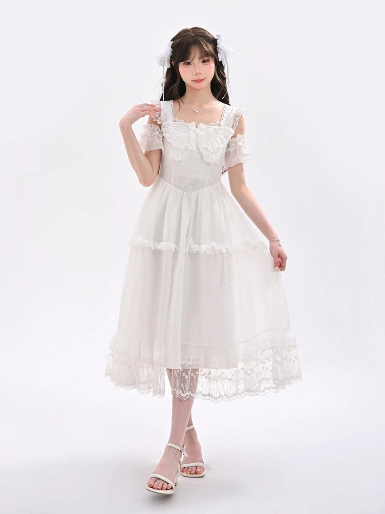 Mesh Overlay Detail with Sweet Dress White Flutter Sleeves Butterfly Neckline