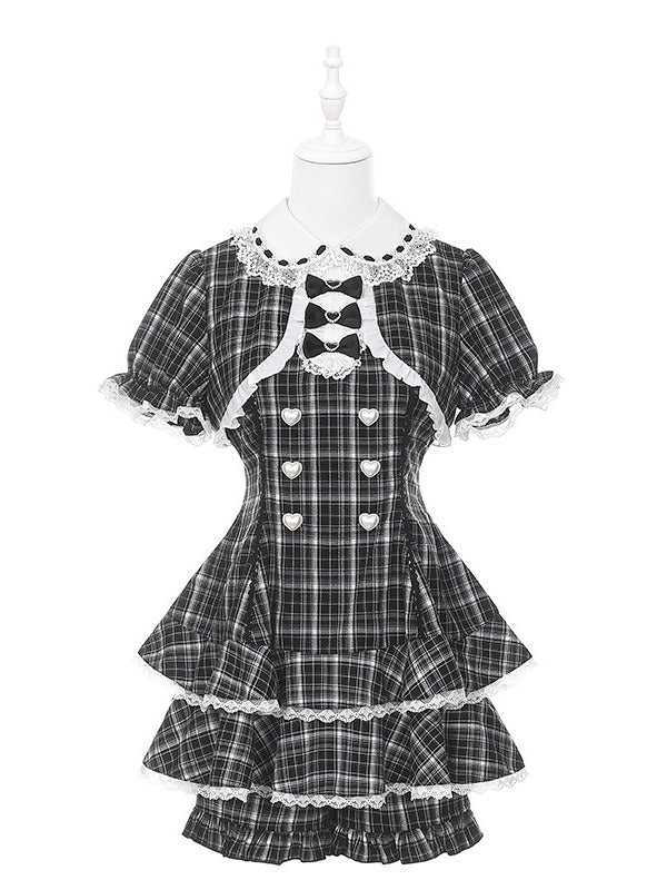 Black White Jirai Kei Plaid Fake Two-Piece Dress with Shorts Set - Puppet Bombs