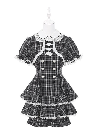 Black White Jirai Kei Plaid Fake Two-Piece Dress with Shorts Set - Puppet Bombs