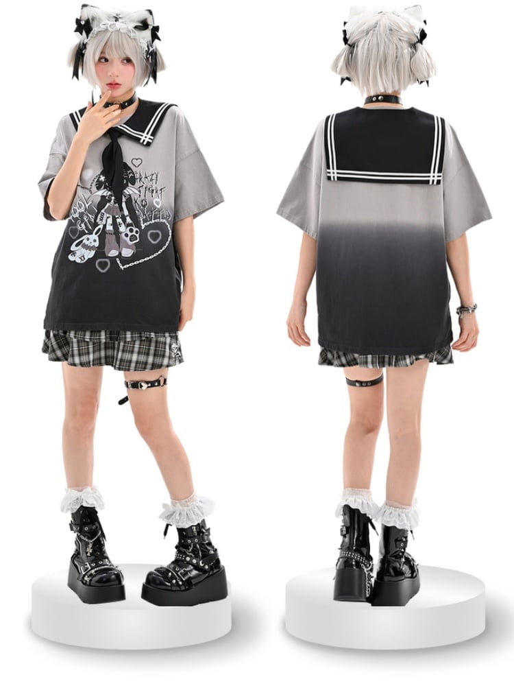 Mädchen Print Farbverlauf Schwarz T-Shirt Y2K Matrosenkragen Punk