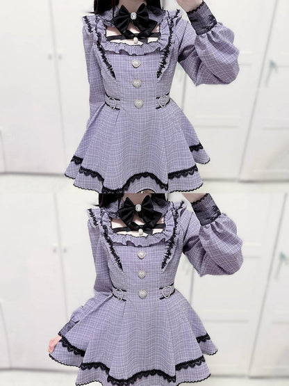 Style Lavender Set Dress Collar - Landmine Plaid Matching Puff Sleeve with Shorts Detachable Tweed