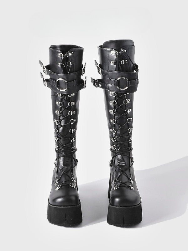 Knee-High System - Platform in Boots with Black Buckle Fastening Triple Style Punk
