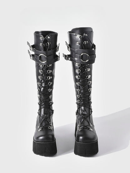 Knee-High System - Platform in Boots with Black Buckle Fastening Triple Style Punk