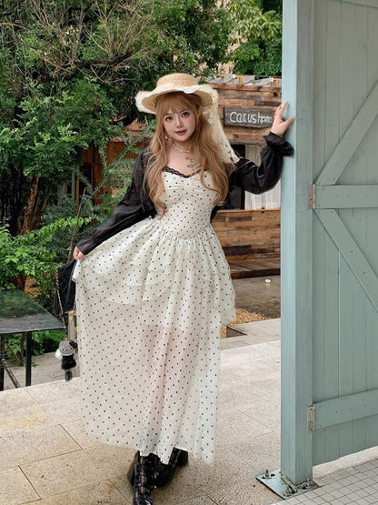 Plus Size White Polka Dot Tiered Maxi Dress with Lace - Hard Candy