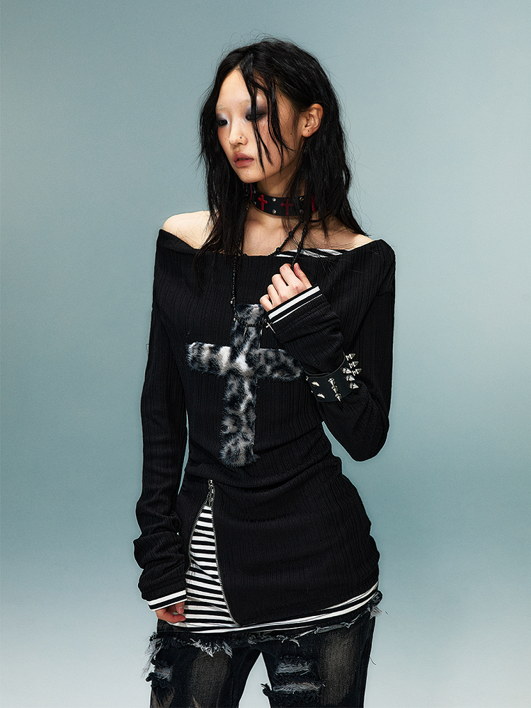 With Two-Piece Knit Detail Leopard Faux Punk Zipper Patch Black Top Cross