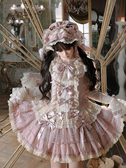 Sleeves Puff Pink with Waist Bow Dress and Sweet Beige Low Lolita Accents