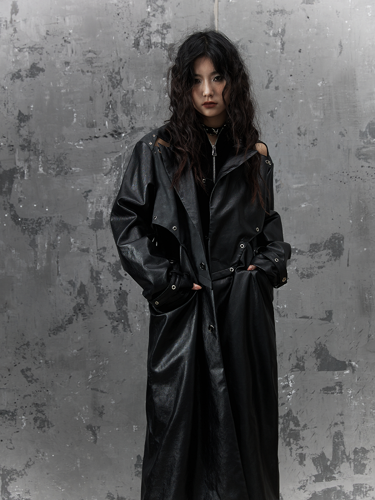Punk Coat - Design Cuffs Long Buckle Patchwork PU Cutout