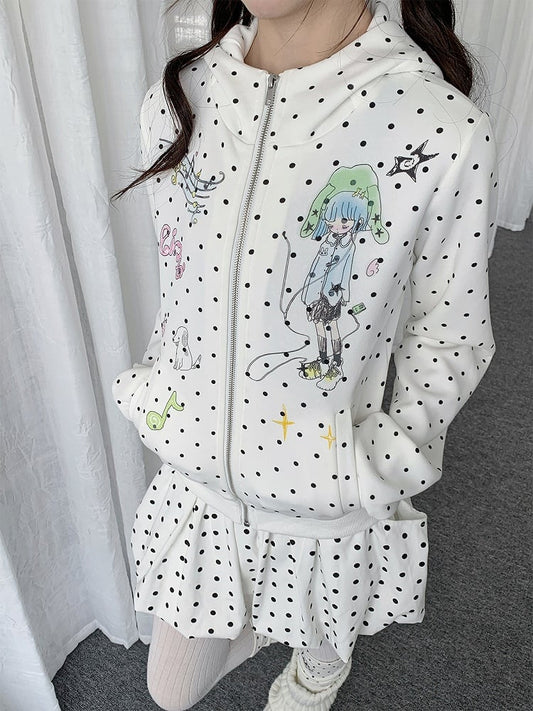 Polka with Print Girl Dot Jacket Black Cartoon White
