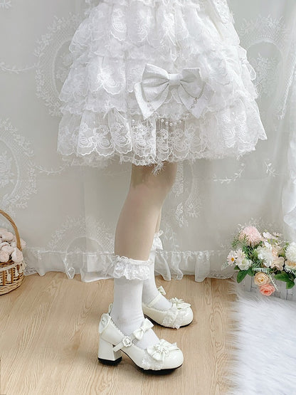 Ivory Kawaii Round Toe Lolita Shoes with Cherry Blossom, Lace & Bow - Hazelnut Bear