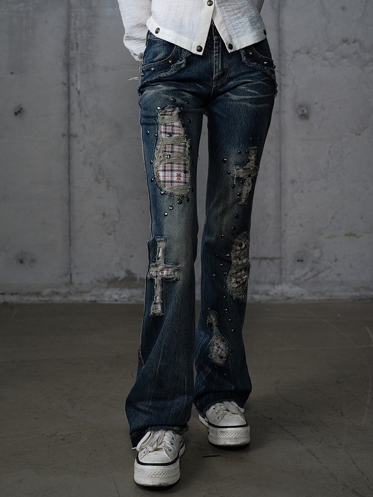 Jeans Light Studs Punk Patches Wash Blue Distressed with Plaid