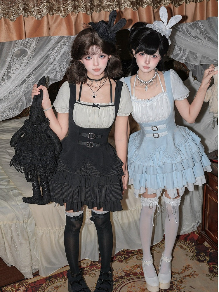 Black & White Striped Halter OP Dress with Necklace and Rabbit Hat - With PUJI