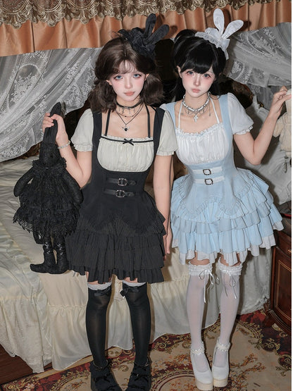 Black & White Striped Halter OP Dress with Necklace and Rabbit Hat - With PUJI