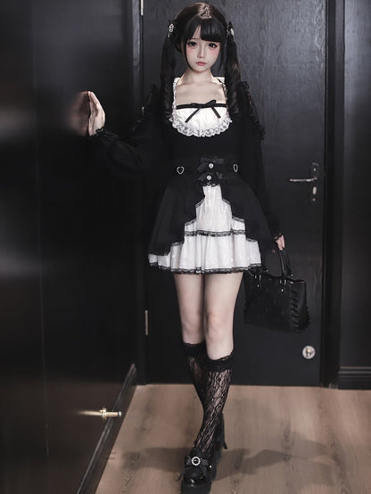 / Kei Lace White Waist Maid Cutouts Aesthetic Core Jirai Skirt High Shoulder Top - Black Tiered