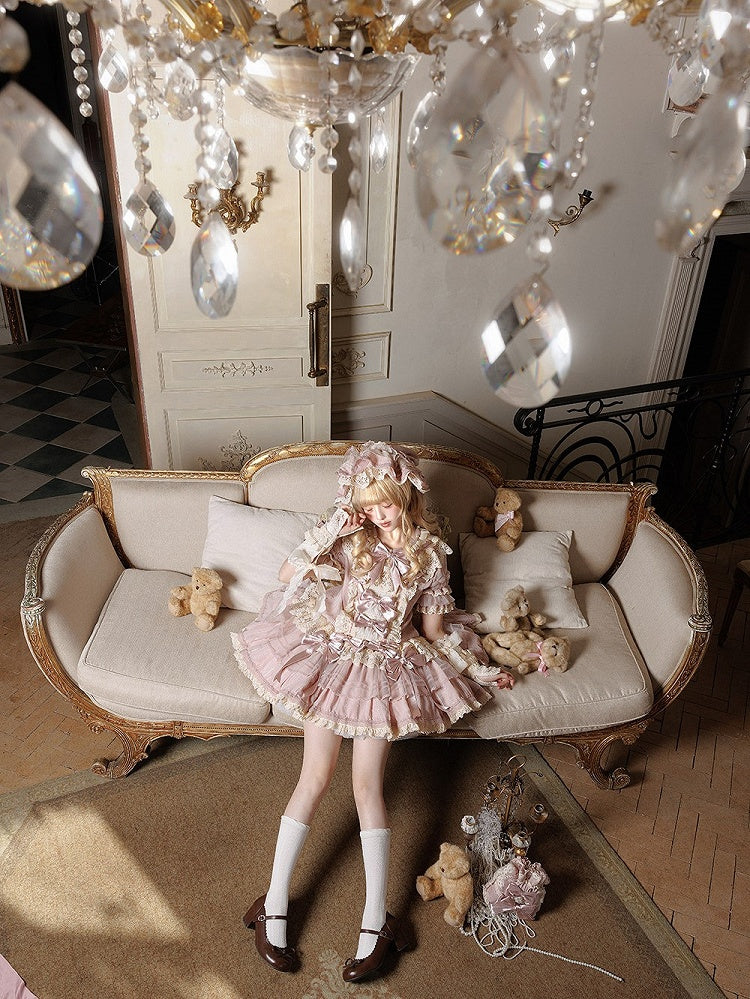 with Waist Sweet Low Sleeves Bow Lace Pink Beige Dress Ruffled Lolita and Accents