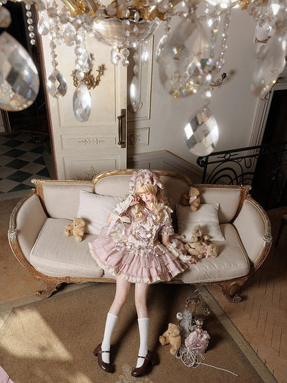 with Waist Sweet Low Sleeves Bow Lace Pink Beige Dress Ruffled Lolita and Accents