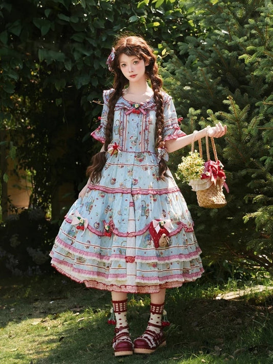 Robe OP Lolita Cottagecore à Manches Courtes à Volants Rouge Bleu - DrunkCoco