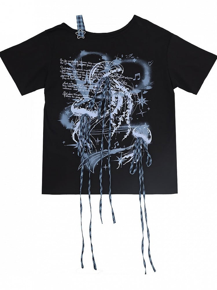 Asymmetrical Tee with Jellyfish Print and Bows - Catwish