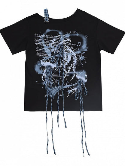Asymmetrical Tee with Jellyfish Print and Bows - Catwish
