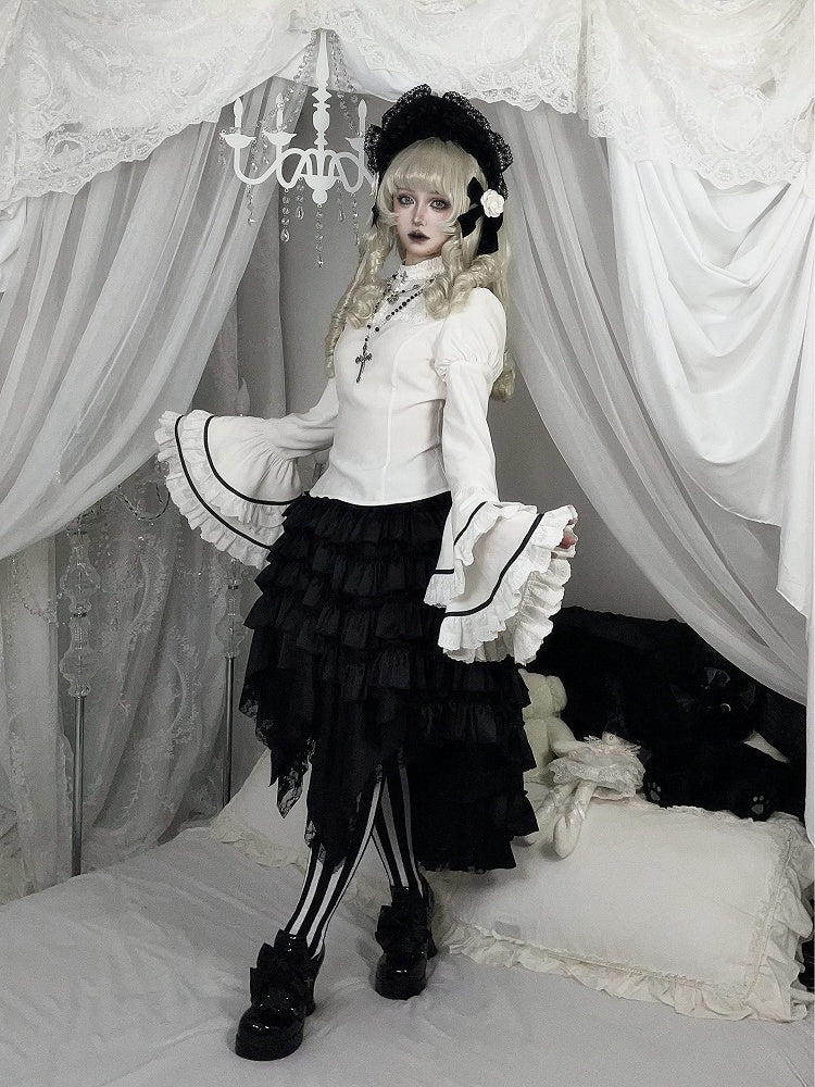 Sleeves Layered White Blouse Ruffled Neck Bell