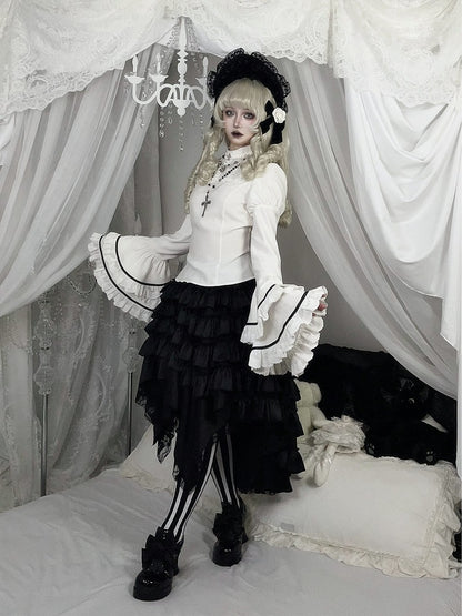 Sleeves Layered White Blouse Ruffled Neck Bell